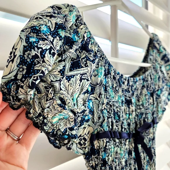 Dresses | Cute Smocked Summer Dress Blue And White Floral Knee Length With  Puff Sleeves | Poshmark